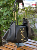 کیف دوشی چرم زنانه YSL سن لوران مدل هوبو مشکی با زنجیر طلایی و نقره ای
