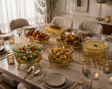سوفله مستطیل و مربع و سالاد خوری طلایی RONIYA | آلومینیوم ممتاز، طرح برگ، مدل مربع سالاد و مستطیل