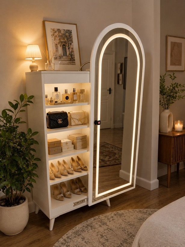 کمد/شلف آینهدار قدی با نور ال ای دی و قفسههای چندطبقه | کابینت رختکن و نمایش عطر و زیورآلات (مدل کپسولی سفید)