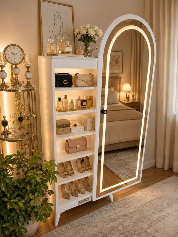 کمد/شلف آینهدار قدی با نور ال ای دی و قفسههای چندطبقه | کابینت رختکن و نمایش عطر و زیورآلات (مدل کپسولی سفید)
